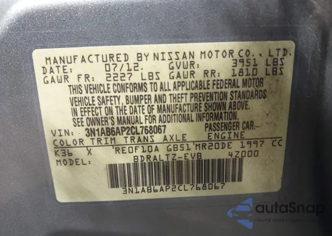 2012 Nissan Sentra 2.0 S z USA, uszkodzony, nr VIN 3N1AB6AP2CL768067
